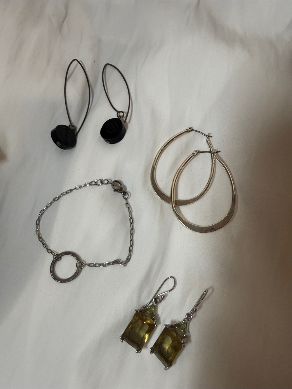 Silver Tone Set- 3 Pairs Earrings and Delicate Circle Bracelet